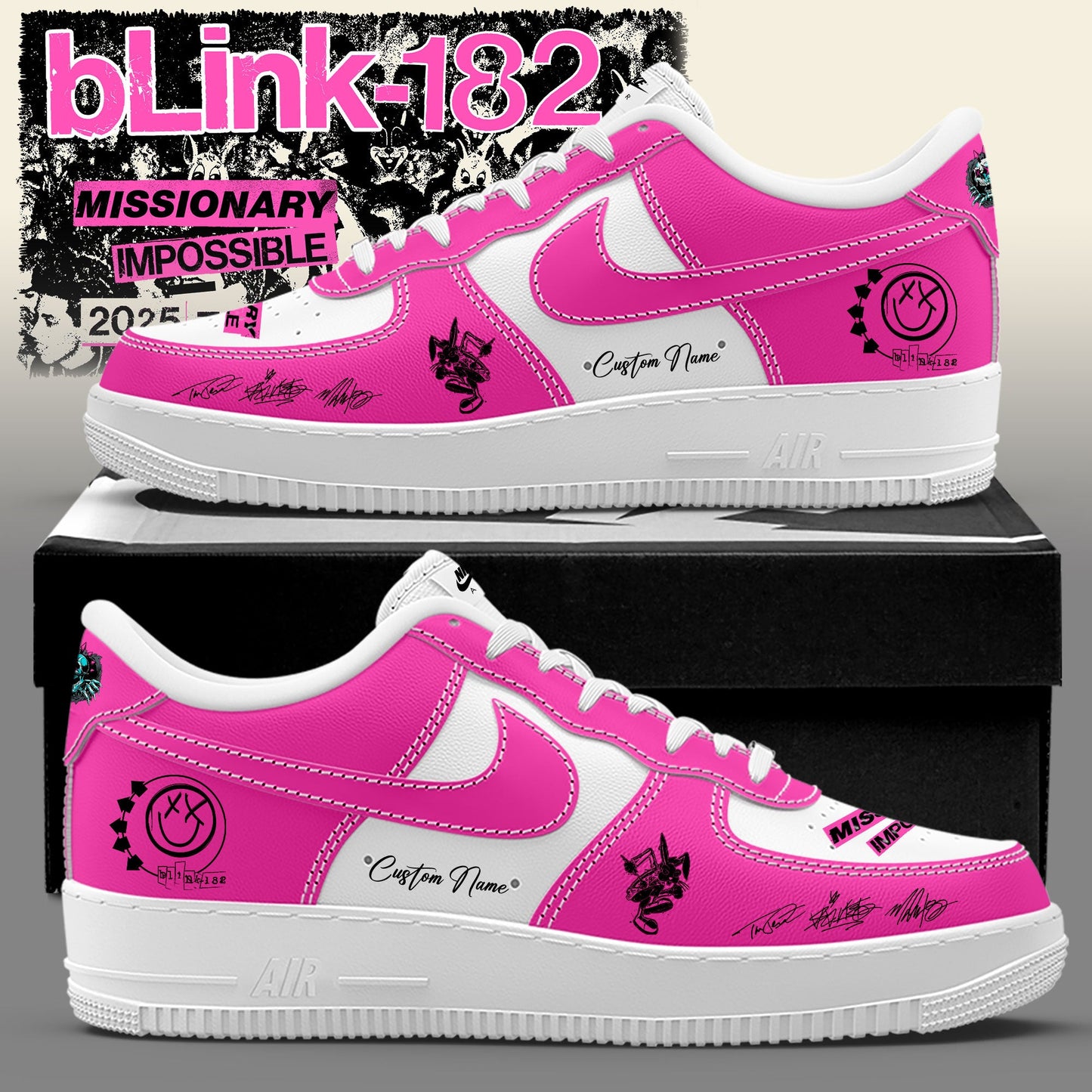 Blink‑182: Missionary Impossible Tour Signature Custom Name Pink AF1 Shoes (Copy)