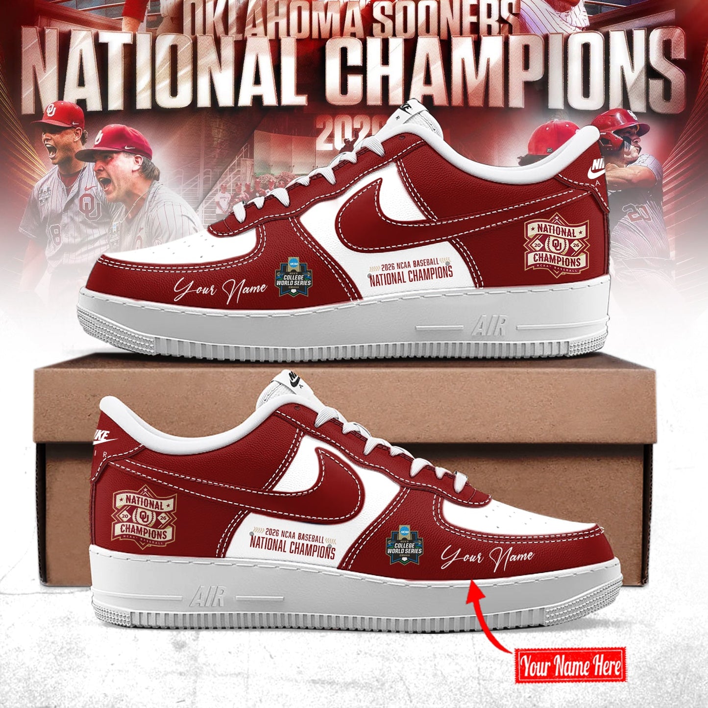Limited Edition Oklahoma Baseball 2026 National Champions AF1 Sneakers