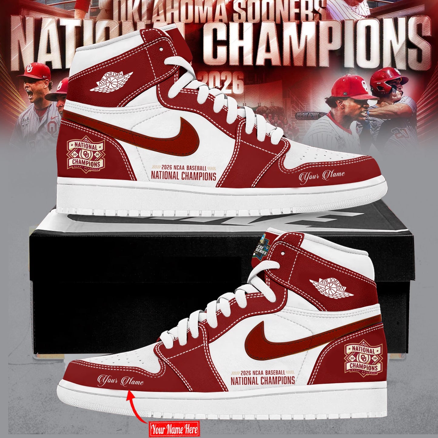 Limited Edition Oklahoma Baseball 2026 National Champions AJ1 Sneakers