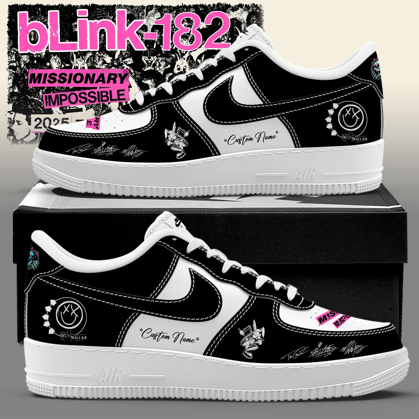 Blink‑182: Missionary Impossible Tour Signature Custom Name Black AF1 Shoes