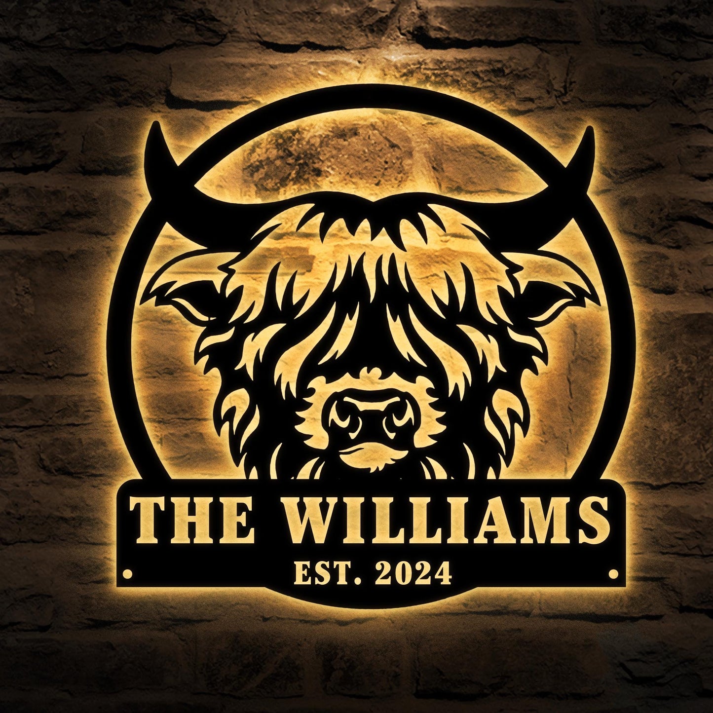 Custom Highland Cow sign Led Lights Personalized Farmer Wedding Gif Family Name Sign Outdoor Wall Art Decor Last Name Sign Front Door