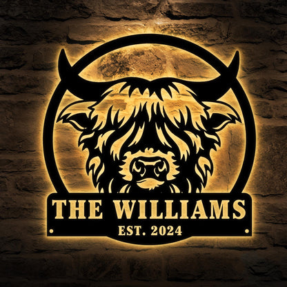 Custom Highland Cow sign Led Lights Personalized Farmer Wedding Gif Family Name Sign Outdoor Wall Art Decor Last Name Sign Front Door