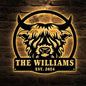 Custom Highland Cow sign Led Lights Personalized Farmer Wedding Gif Family Name Sign Outdoor Wall Art Decor Last Name Sign Front Door