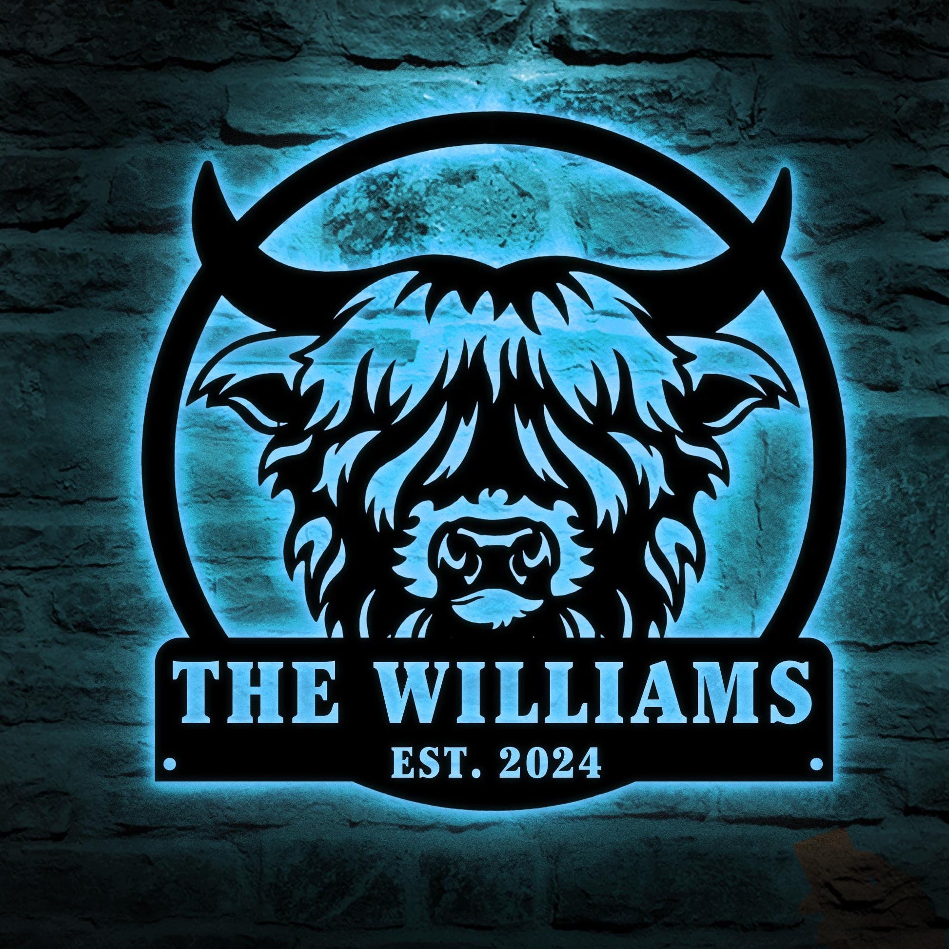 Custom Highland Cow sign Led Lights Personalized Farmer Wedding Gif Family Name Sign Outdoor Wall Art Decor Last Name Sign Front Door