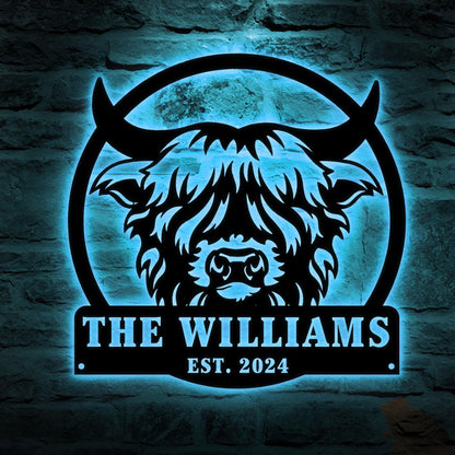 Custom Highland Cow sign Led Lights Personalized Farmer Wedding Gif Family Name Sign Outdoor Wall Art Decor Last Name Sign Front Door