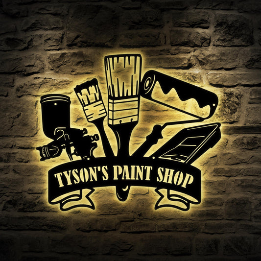 Custom Wall Painting Tools Metal Sign With Led Light, Personalized Painter Name Sign Metal Wall Art Decor, Painting Shop Decor, Painter Gift