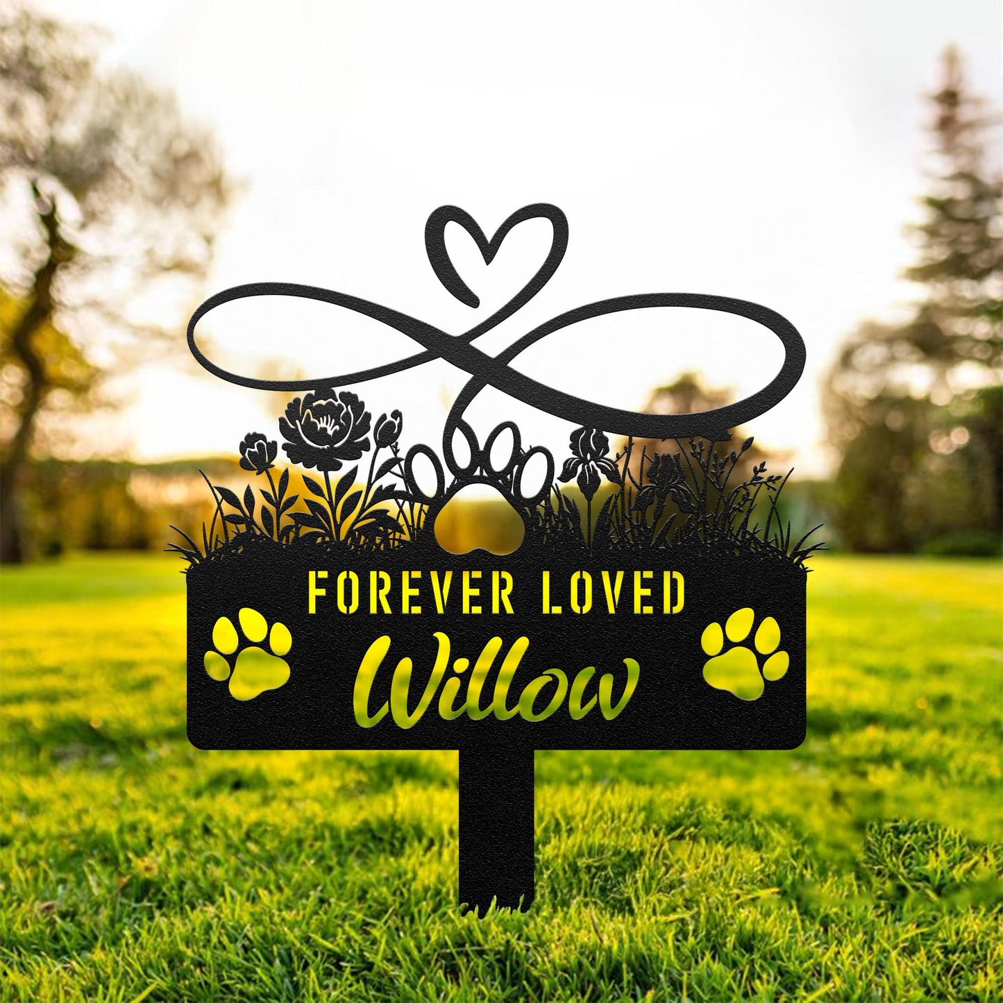 Custom Dog Memorial Stake, Personalized Pet Grave Marker, Dog Loss Garden Sign with Paw and Flowers, Pet Remembrance Gift, Metal Yard Decor