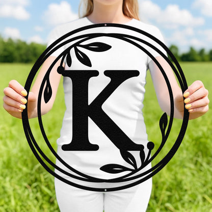 Metal Monogram Wreath Sign, Circle Monogram Letter Sign with Leaves, Custom Wall Decor, Front Door Hanger, Round Monogram WREATH