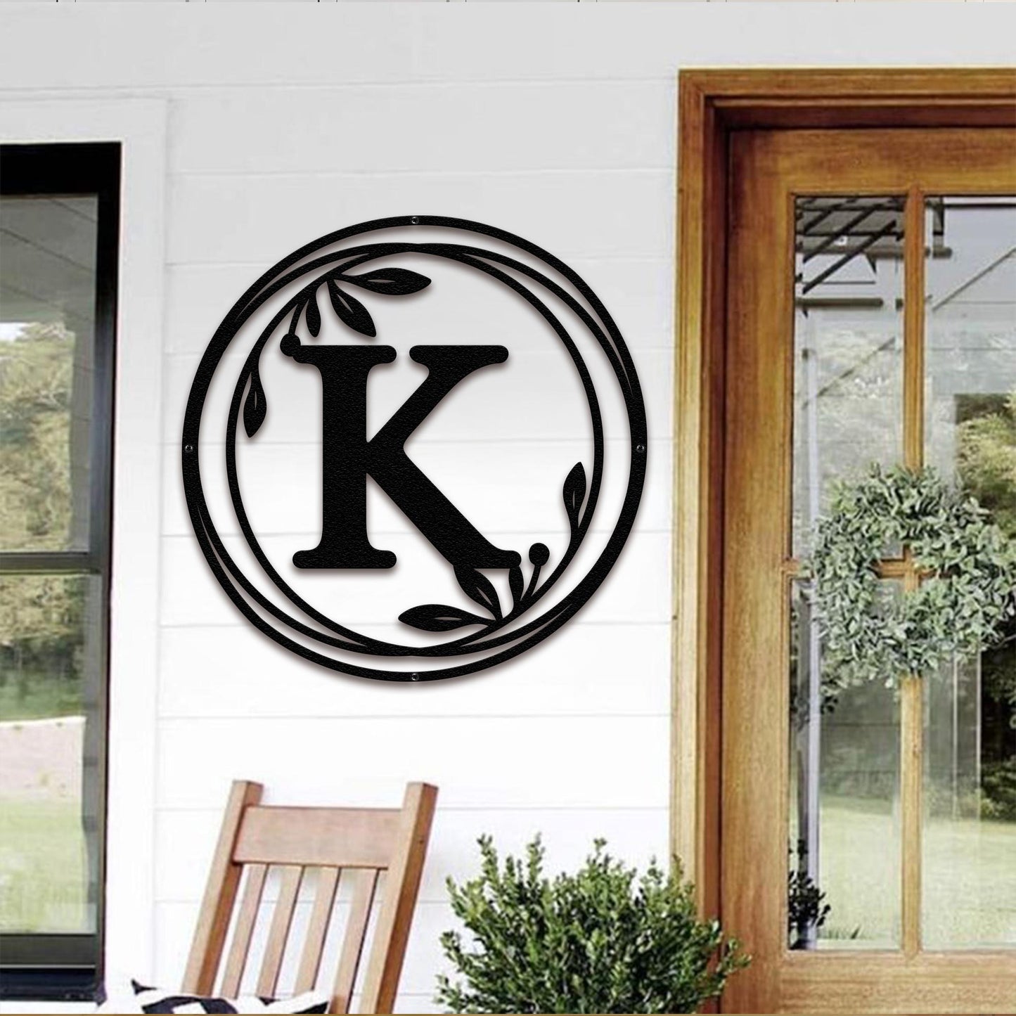 Metal Monogram Wreath Sign, Circle Monogram Letter Sign with Leaves, Custom Wall Decor, Front Door Hanger, Round Monogram WREATH