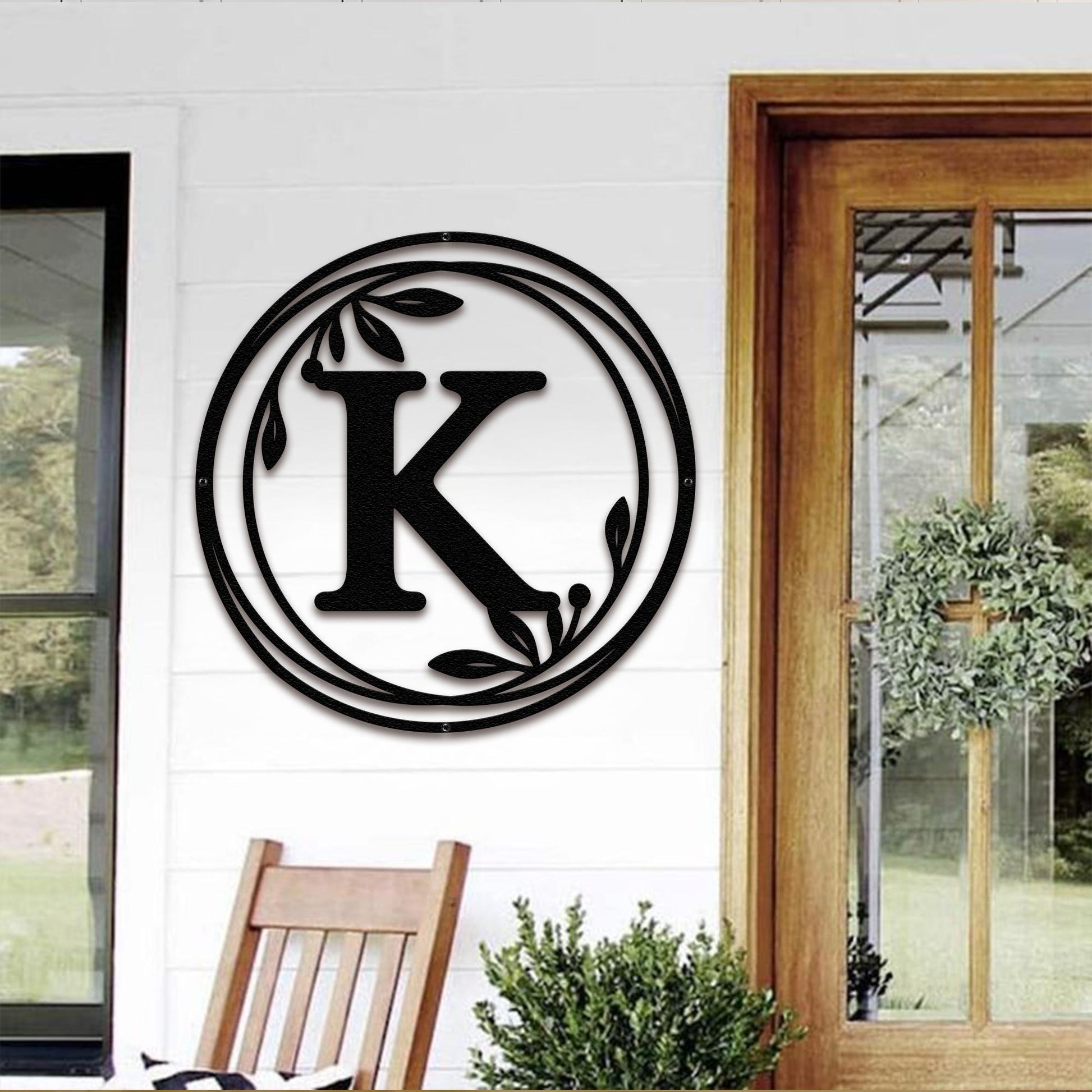Metal Monogram Wreath Sign, Circle Monogram Letter Sign with Leaves, Custom Wall Decor, Front Door Hanger, Round Monogram WREATH