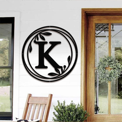 Metal Monogram Wreath Sign, Circle Monogram Letter Sign with Leaves, Custom Wall Decor, Front Door Hanger, Round Monogram WREATH