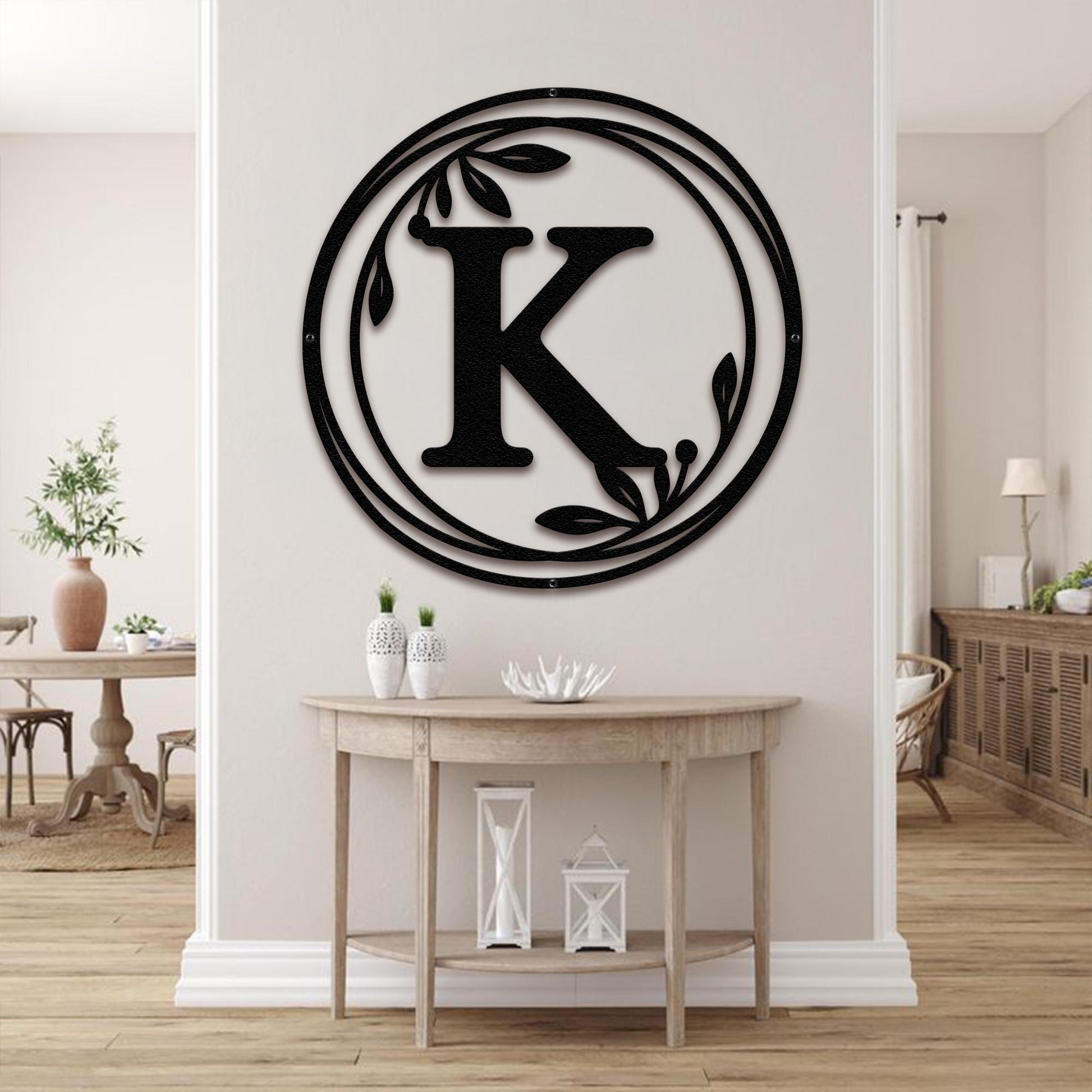 Metal Monogram Wreath Sign, Circle Monogram Letter Sign with Leaves, Custom Wall Decor, Front Door Hanger, Round Monogram WREATH