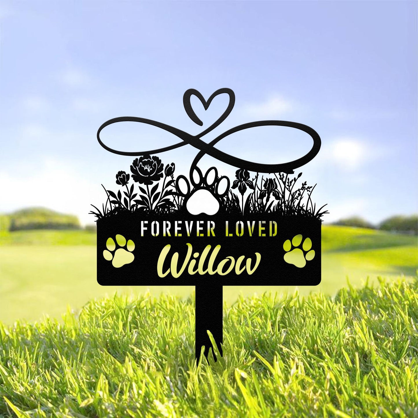 Custom Dog Memorial Stake, Personalized Pet Grave Marker, Dog Loss Garden Sign with Paw and Flowers, Pet Remembrance Gift, Metal Yard Decor