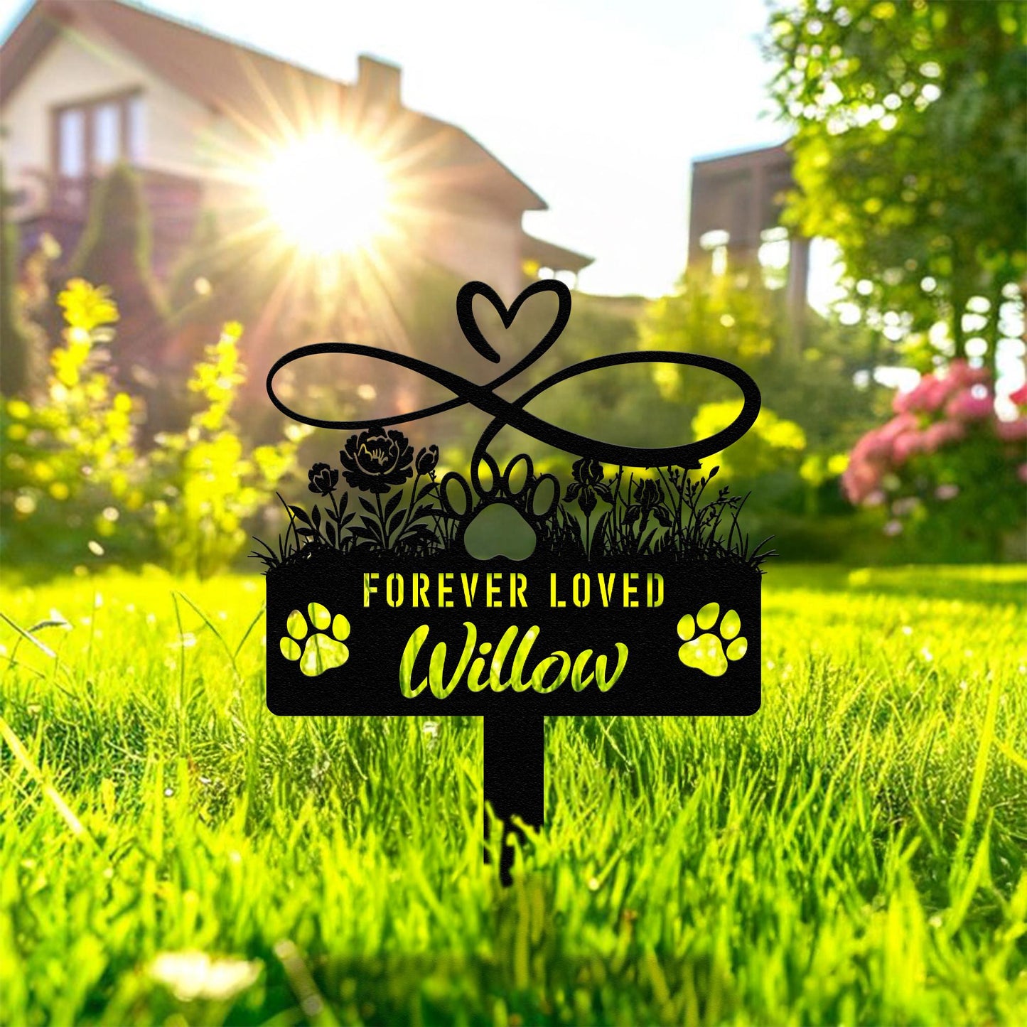 Custom Dog Memorial Stake, Personalized Pet Grave Marker, Dog Loss Garden Sign with Paw and Flowers, Pet Remembrance Gift, Metal Yard Decor