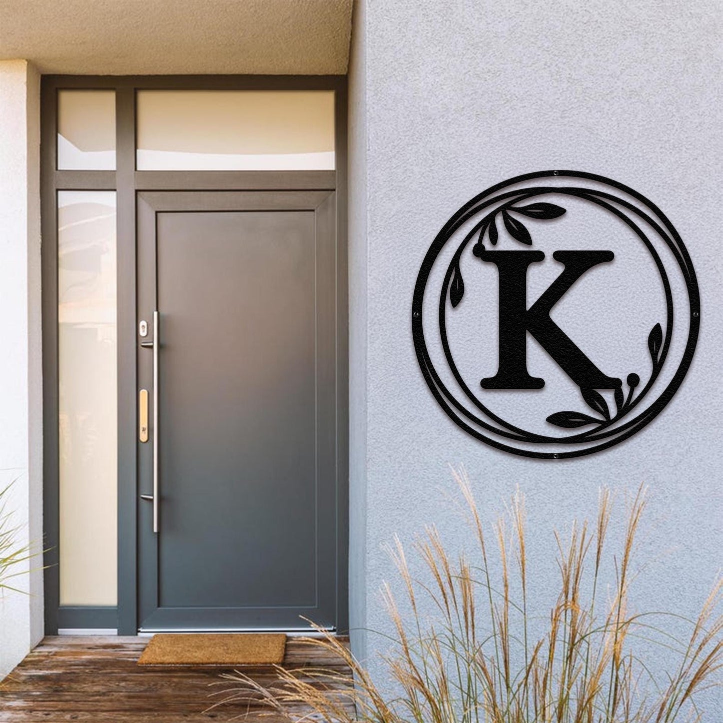 Metal Monogram Wreath Sign, Circle Monogram Letter Sign with Leaves, Custom Wall Decor, Front Door Hanger, Round Monogram WREATH