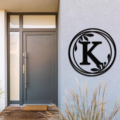 Metal Monogram Wreath Sign, Circle Monogram Letter Sign with Leaves, Custom Wall Decor, Front Door Hanger, Round Monogram WREATH