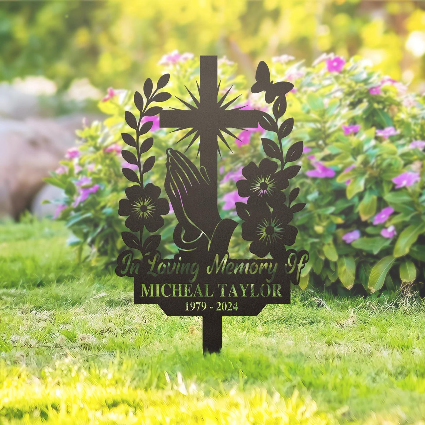 Personalized Cross With Praying Hand Memorial Metal, Floral Cross Memorial Plaque with Stake, Sympathy Sign, Grave Marker, Remembrance Stake
