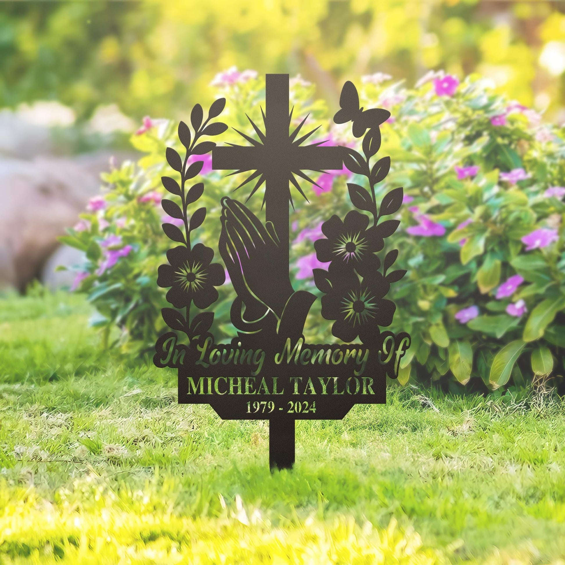 Personalized Cross With Praying Hand Memorial Metal, Floral Cross Memorial Plaque with Stake, Sympathy Sign, Grave Marker, Remembrance Stake