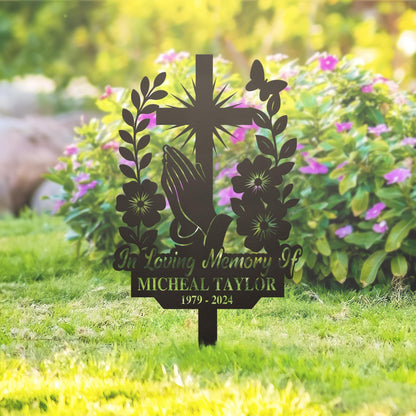 Personalized Cross With Praying Hand Memorial Metal, Floral Cross Memorial Plaque with Stake, Sympathy Sign, Grave Marker, Remembrance Stake