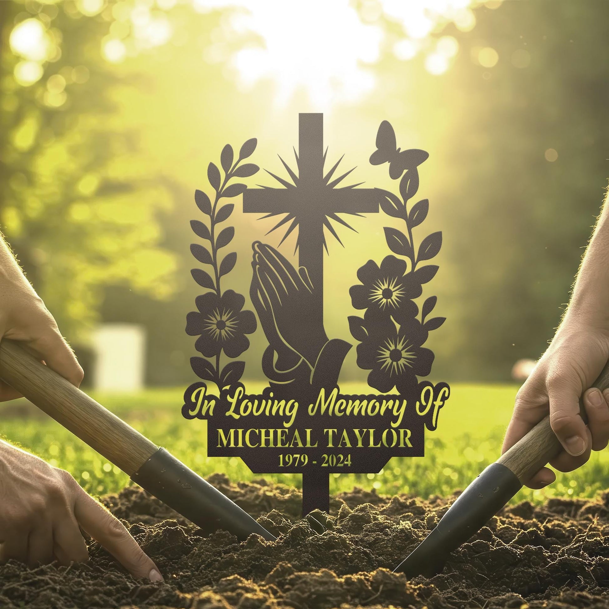 Personalized Cross With Praying Hand Memorial Metal, Floral Cross Memorial Plaque with Stake, Sympathy Sign, Grave Marker, Remembrance Stake