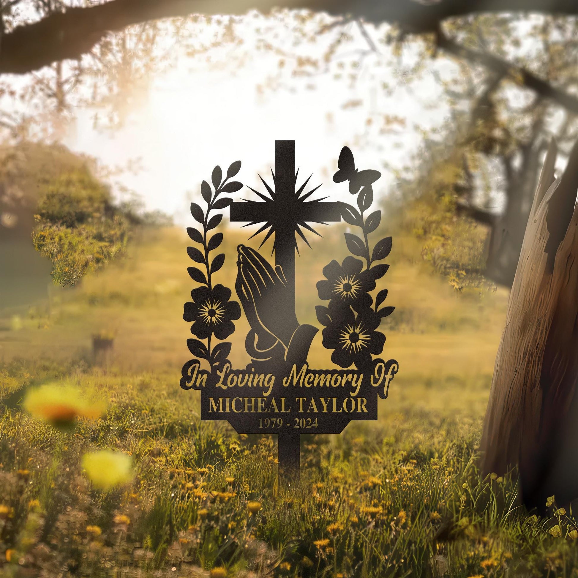 Personalized Cross With Praying Hand Memorial Metal, Floral Cross Memorial Plaque with Stake, Sympathy Sign, Grave Marker, Remembrance Stake