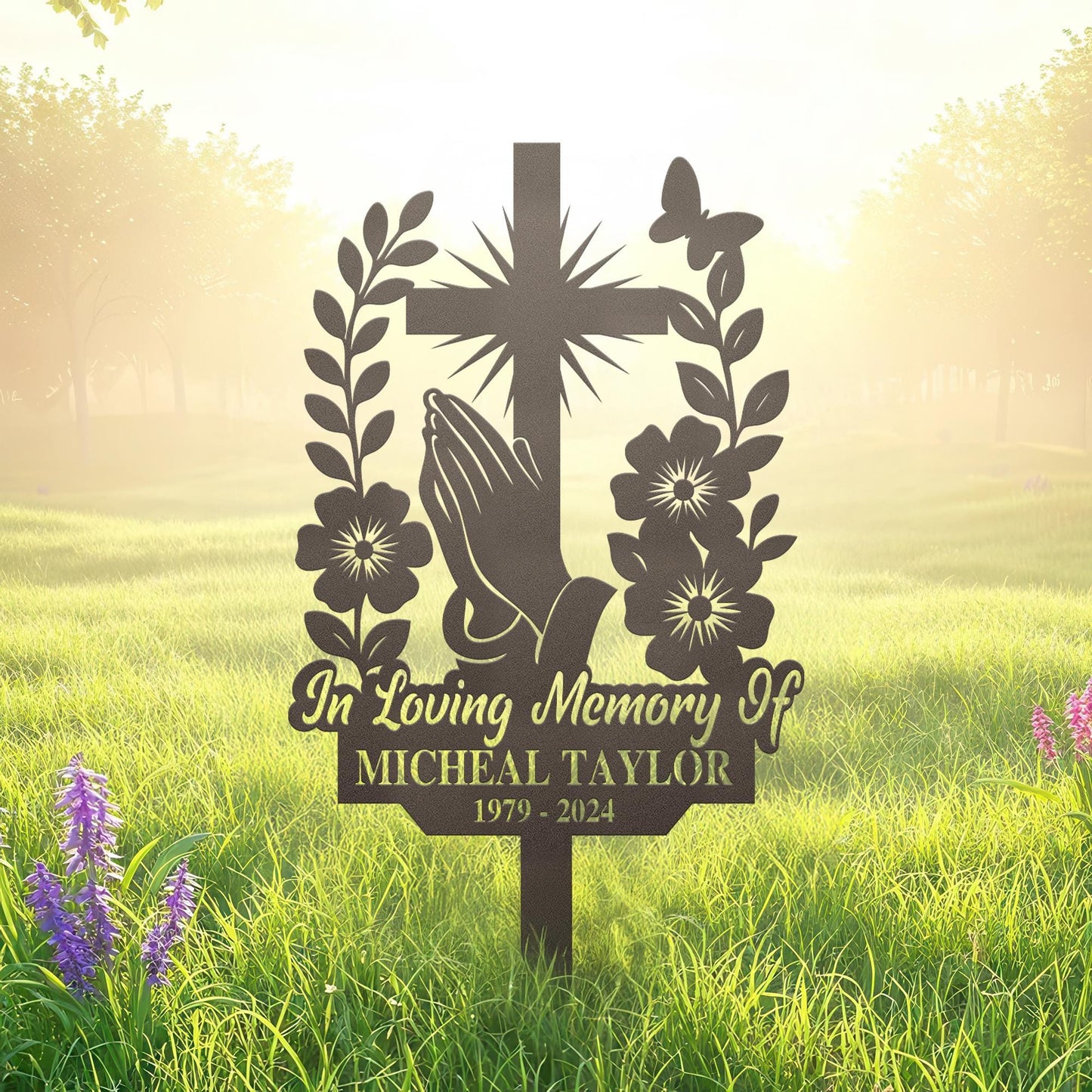 Personalized Cross With Praying Hand Memorial Metal, Floral Cross Memorial Plaque with Stake, Sympathy Sign, Grave Marker, Remembrance Stake