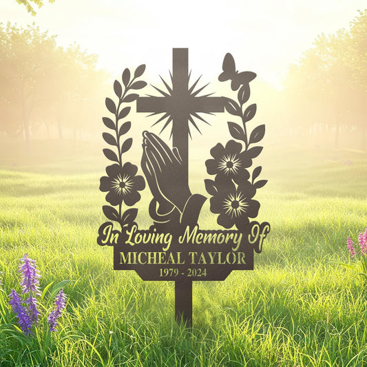 Personalized Cross With Praying Hand Memorial Metal, Floral Cross Memorial Plaque with Stake, Sympathy Sign, Grave Marker, Remembrance Stake