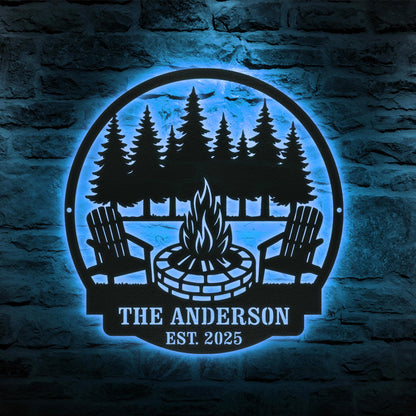 Rustic Campfire LED Metal Wall Sign, Personalized Fire Pit Decor, Custom Family Name Outdoor Wall Art, Cabin, Patio, or Backyard Gift