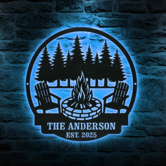 Rustic Campfire LED Metal Wall Sign, Personalized Fire Pit Decor, Custom Family Name Outdoor Wall Art, Cabin, Patio, or Backyard Gift