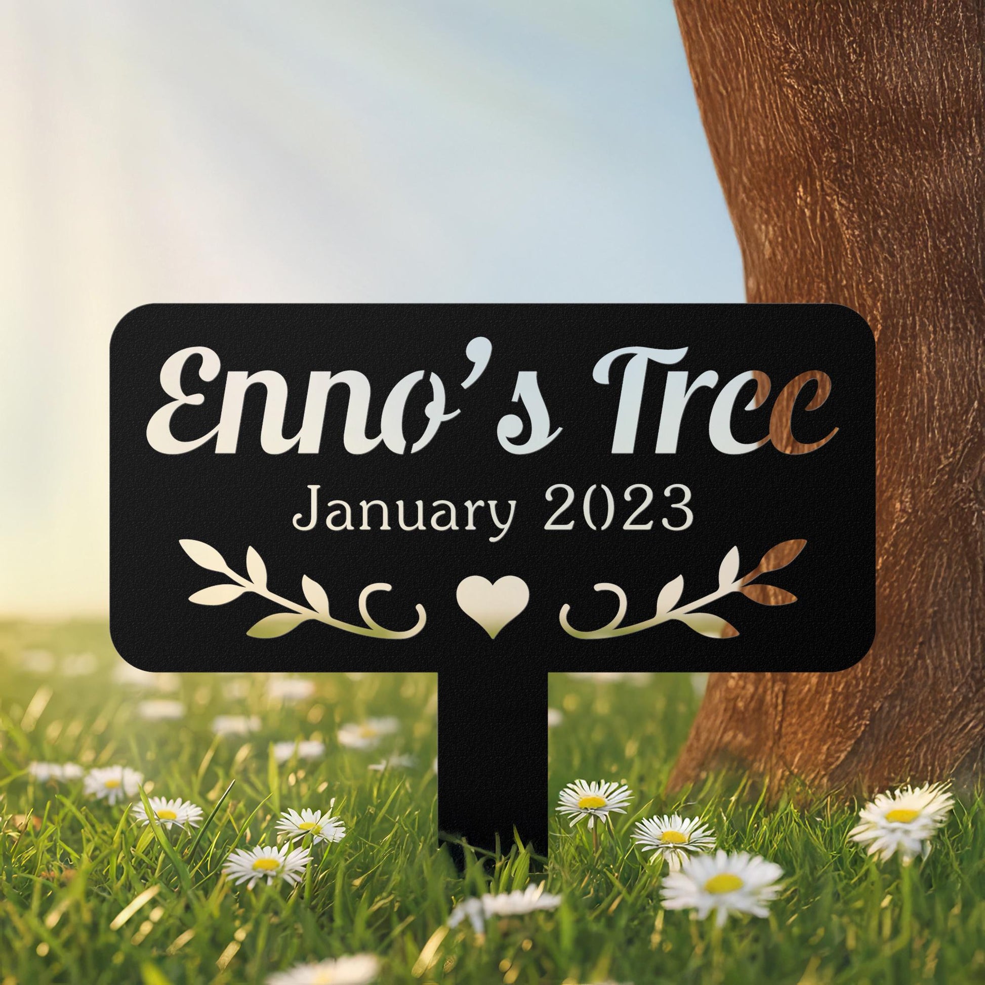 Memorial Tree Sign – Custom Metal Grave Marker, Personalized Garden Tribute with Name & Date, Outdoor Memorial for Loved Ones