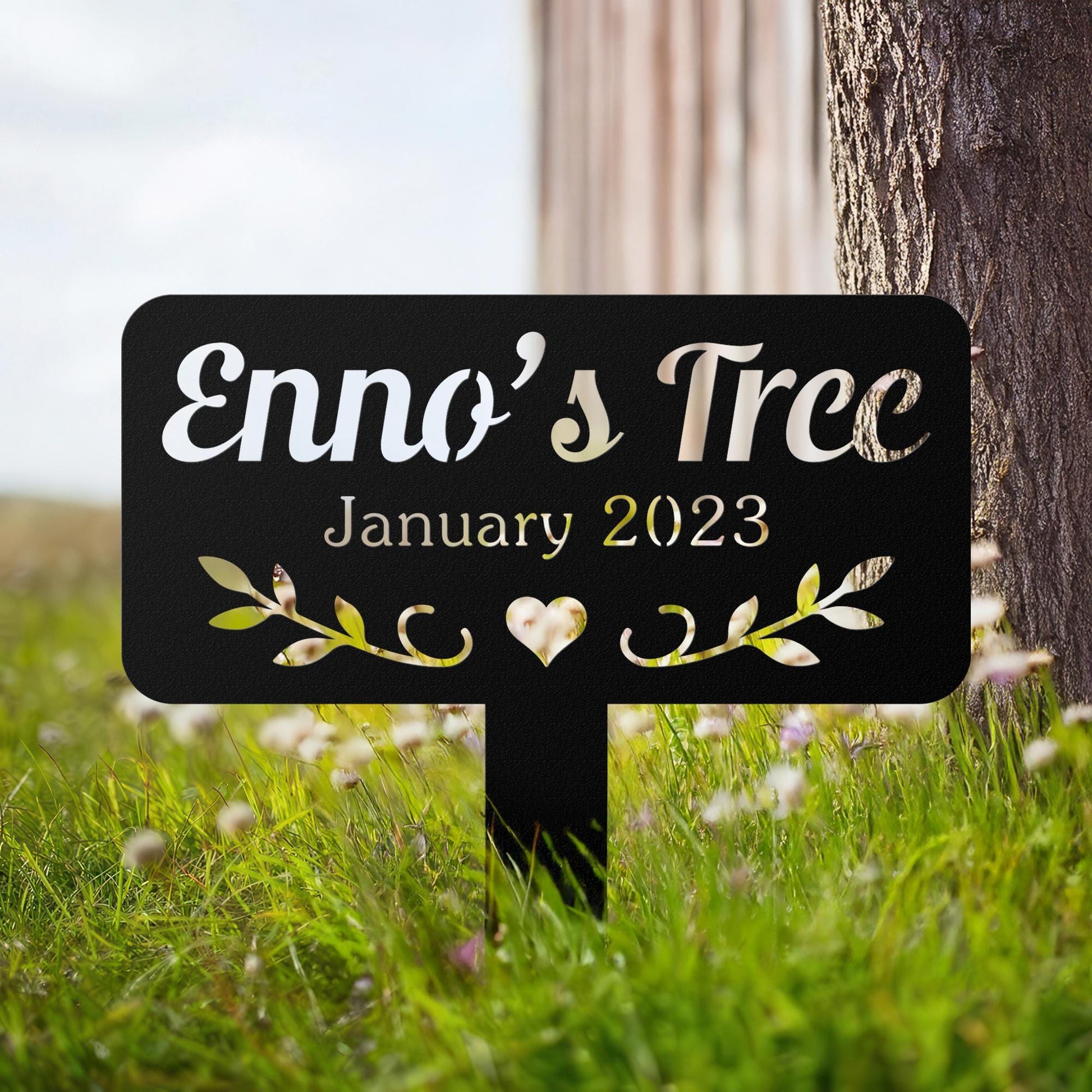Memorial Tree Sign – Custom Metal Grave Marker, Personalized Garden Tribute with Name & Date, Outdoor Memorial for Loved Ones