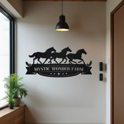 Custom Horse Farm Metal Sign, Personalized Ranch Name with Horses and Banner, Rustic Outdoor Farm Gate Decor