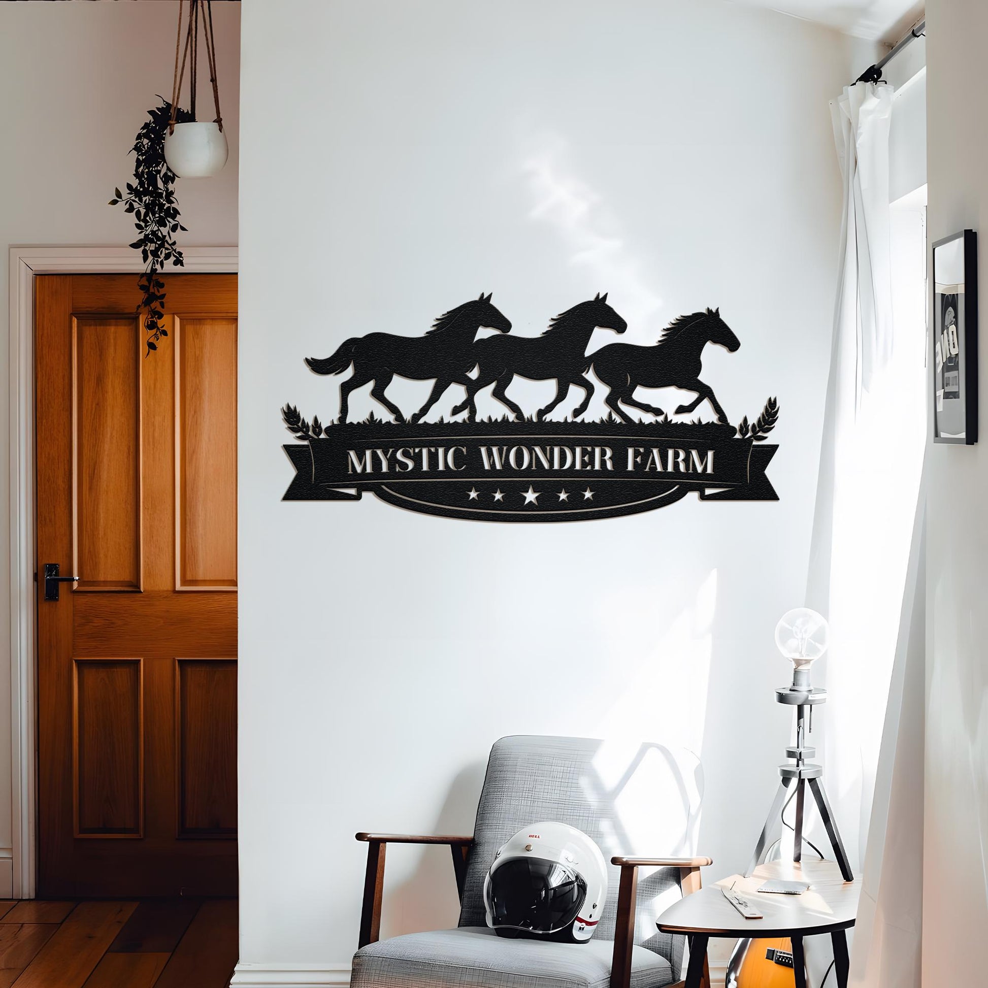 Custom Horse Farm Metal Sign, Personalized Ranch Name with Horses and Banner, Rustic Outdoor Farm Gate Decor