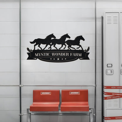 Custom Horse Farm Metal Sign, Personalized Ranch Name with Horses and Banner, Rustic Outdoor Farm Gate Decor