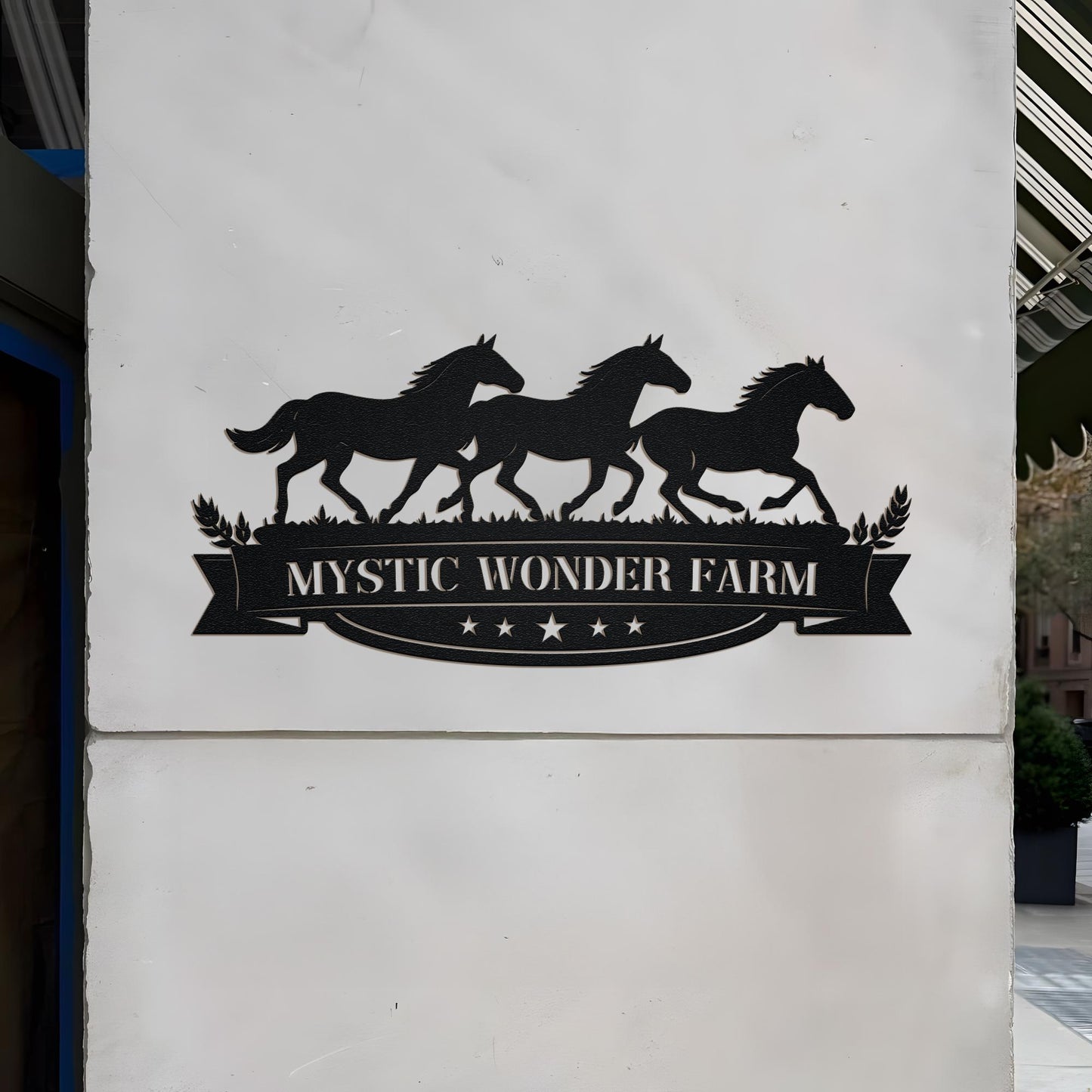 Custom Horse Farm Metal Sign, Personalized Ranch Name with Horses and Banner, Rustic Outdoor Farm Gate Decor