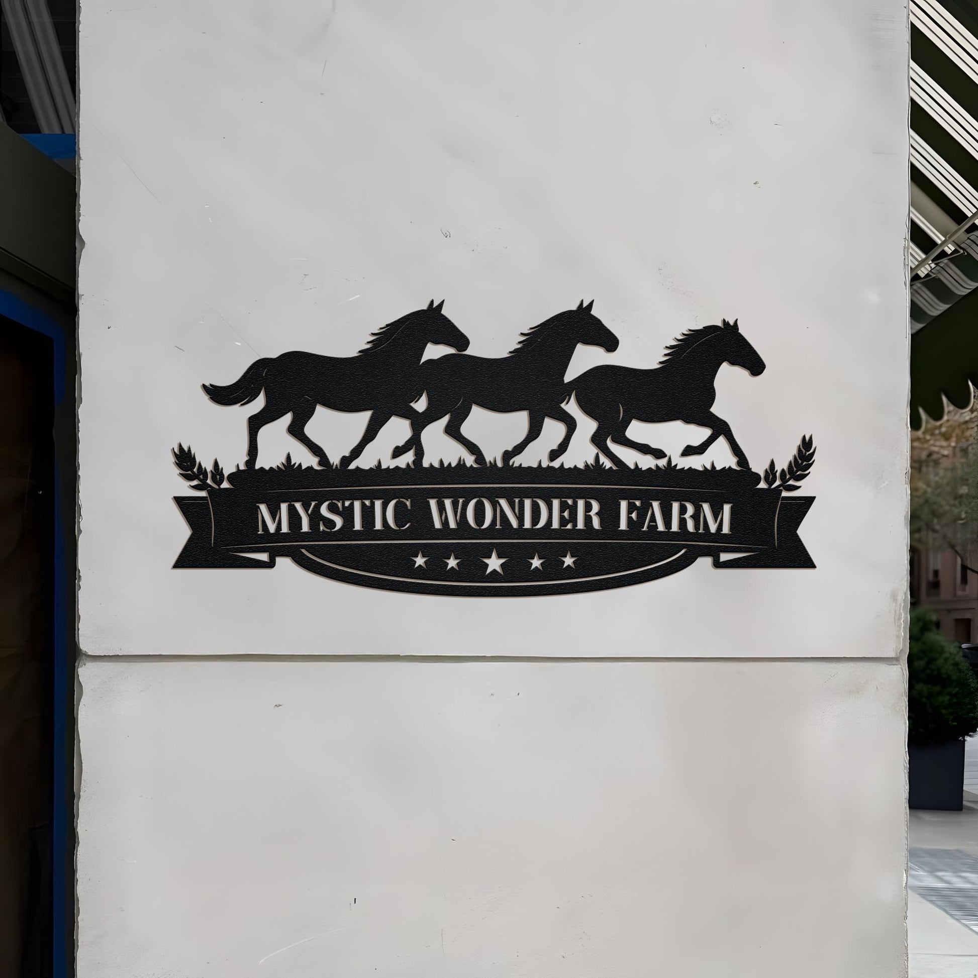 Custom Horse Farm Metal Sign, Personalized Ranch Name with Horses and Banner, Rustic Outdoor Farm Gate Decor