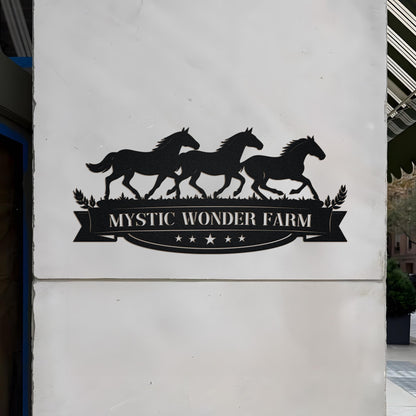 Custom Horse Farm Metal Sign, Personalized Ranch Name with Horses and Banner, Rustic Outdoor Farm Gate Decor