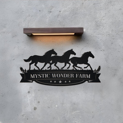 Custom Horse Farm Metal Sign, Personalized Ranch Name with Horses and Banner, Rustic Outdoor Farm Gate Decor