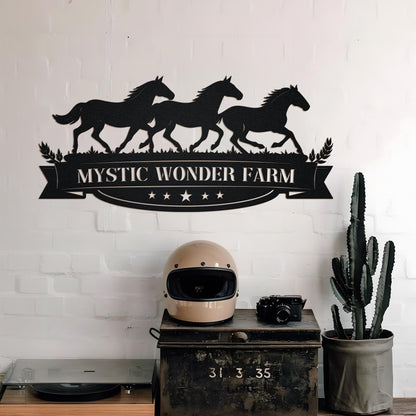 Custom Horse Farm Metal Sign, Personalized Ranch Name with Horses and Banner, Rustic Outdoor Farm Gate Decor