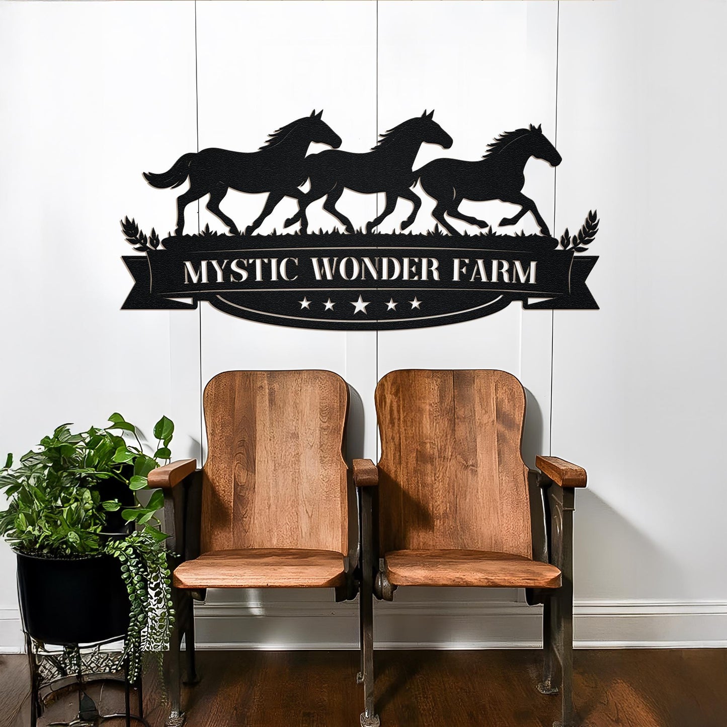 Custom Horse Farm Metal Sign, Personalized Ranch Name with Horses and Banner, Rustic Outdoor Farm Gate Decor