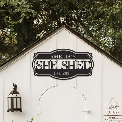 Custom She Shed Metal Sign, Personalized Garden Shed Wall Decor, Backyard Shed Name Sign, Outdoor Rustic Gift for Her
