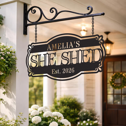 Custom She Shed Metal Sign, Personalized Garden Shed Wall Decor, Backyard Shed Name Sign, Outdoor Rustic Gift for Her