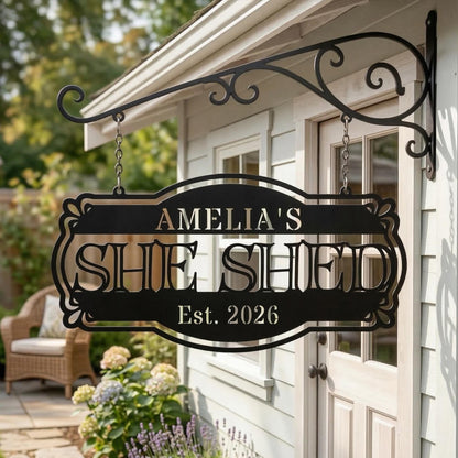 Custom She Shed Metal Sign, Personalized Garden Shed Wall Decor, Backyard Shed Name Sign, Outdoor Rustic Gift for Her