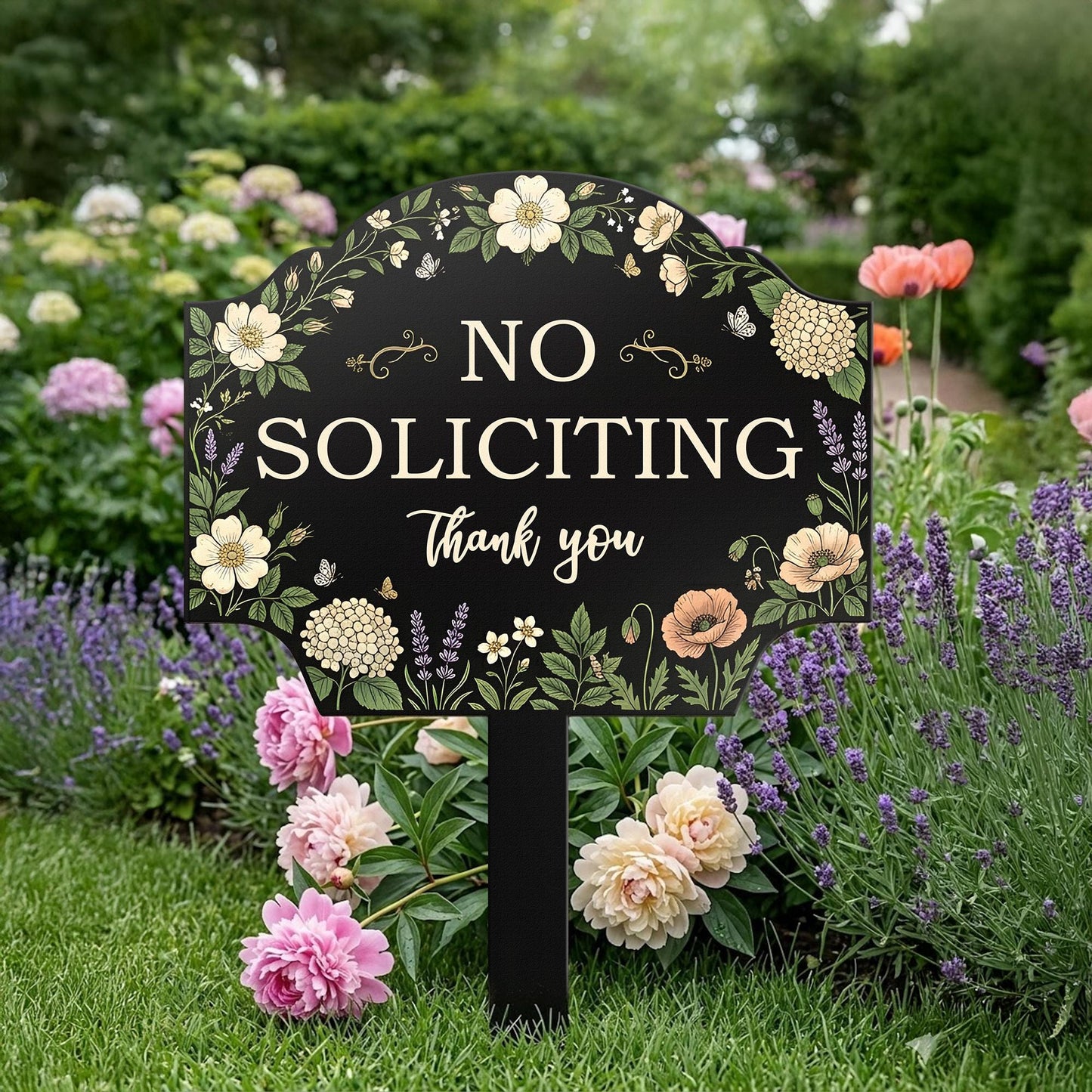 No Soliciting Metal Yard Sign, Floral Garden Warning Sign, Polite No Soliciting Sign, Outdoor Lawn Decor, Front Yard Sign Gift