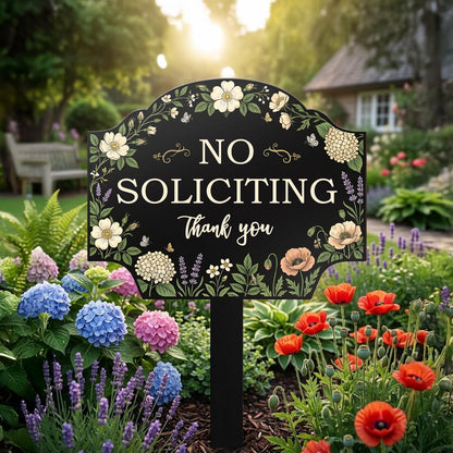 No Soliciting Metal Yard Sign, Floral Garden Warning Sign, Polite No Soliciting Sign, Outdoor Lawn Decor, Front Yard Sign Gift
