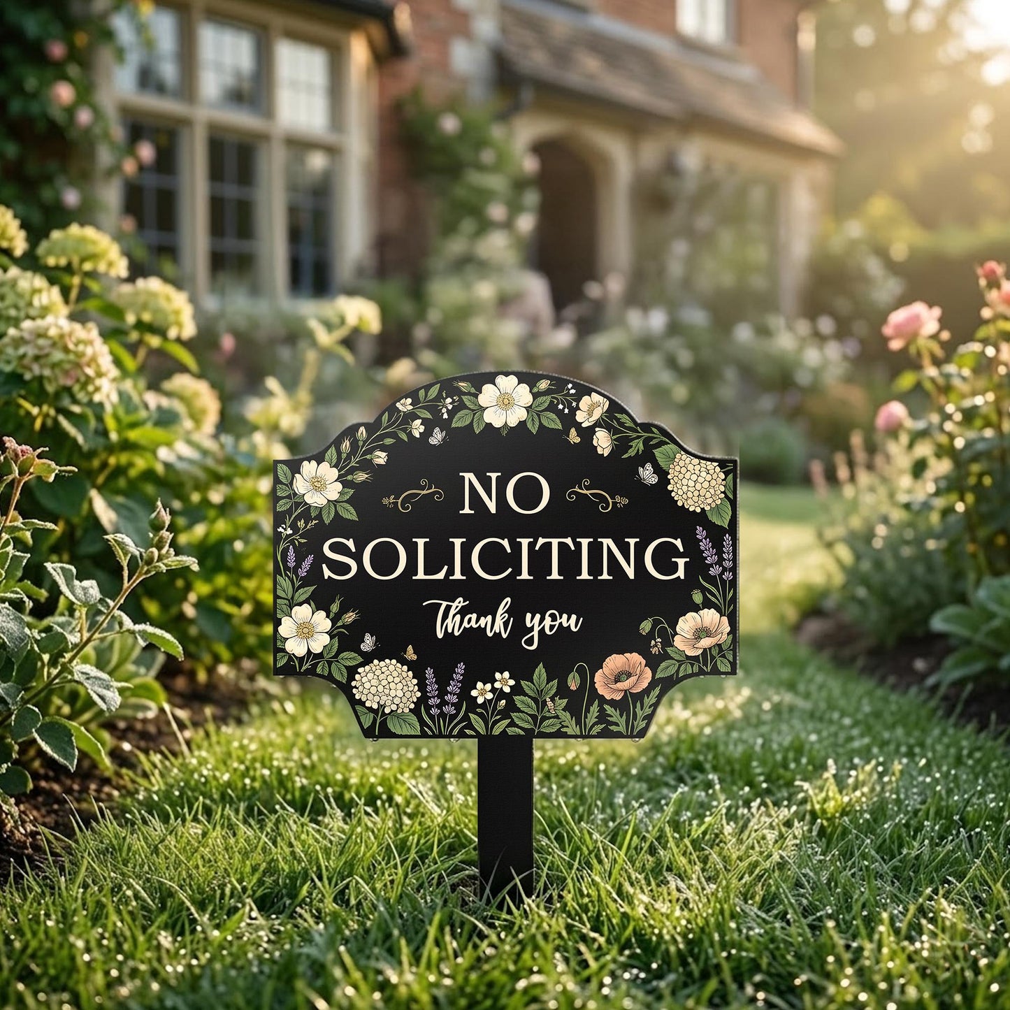 No Soliciting Metal Yard Sign, Floral Garden Warning Sign, Polite No Soliciting Sign, Outdoor Lawn Decor, Front Yard Sign Gift