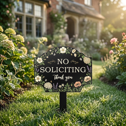 No Soliciting Metal Yard Sign, Floral Garden Warning Sign, Polite No Soliciting Sign, Outdoor Lawn Decor, Front Yard Sign Gift