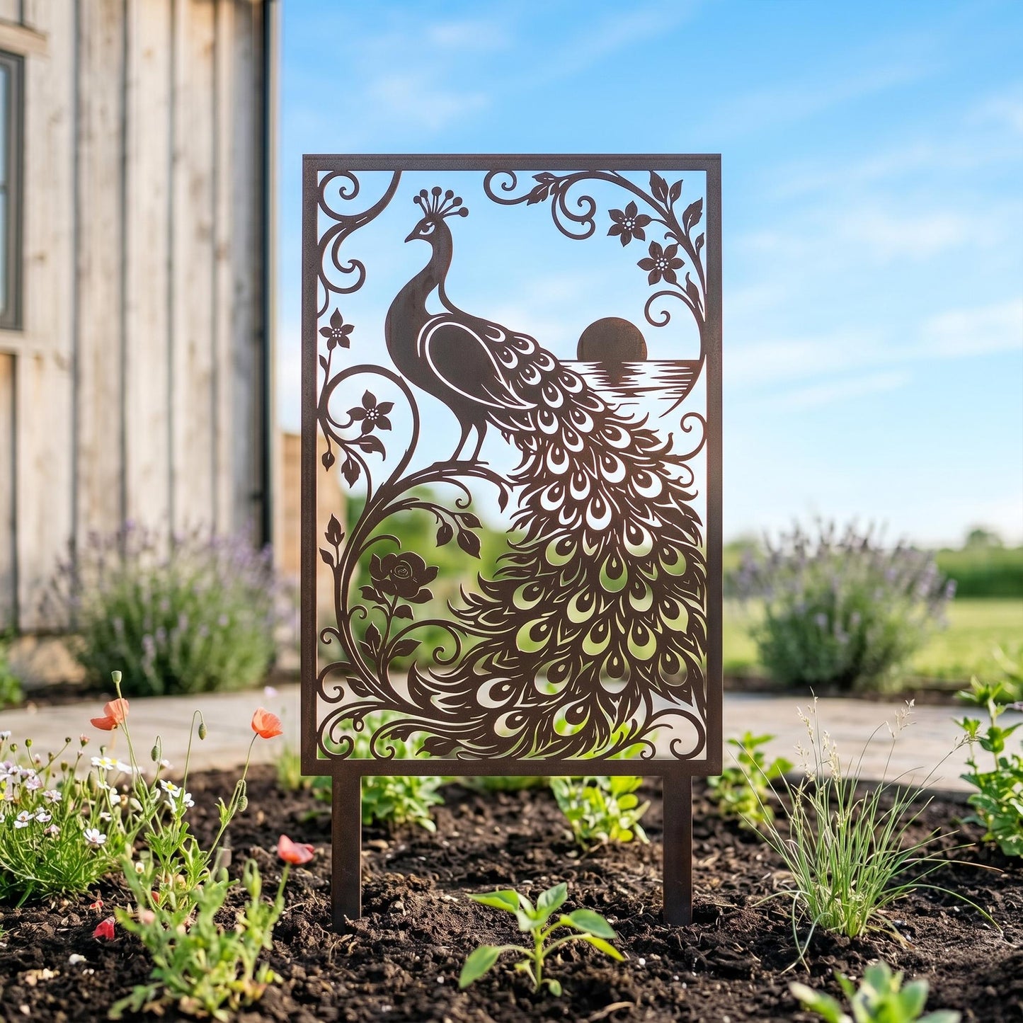 Metal Bird Garden Decoration, Peacock Yard Stake for Flower Bed, Outdoor Metal Art Panel, Decorative Garden Border Sign