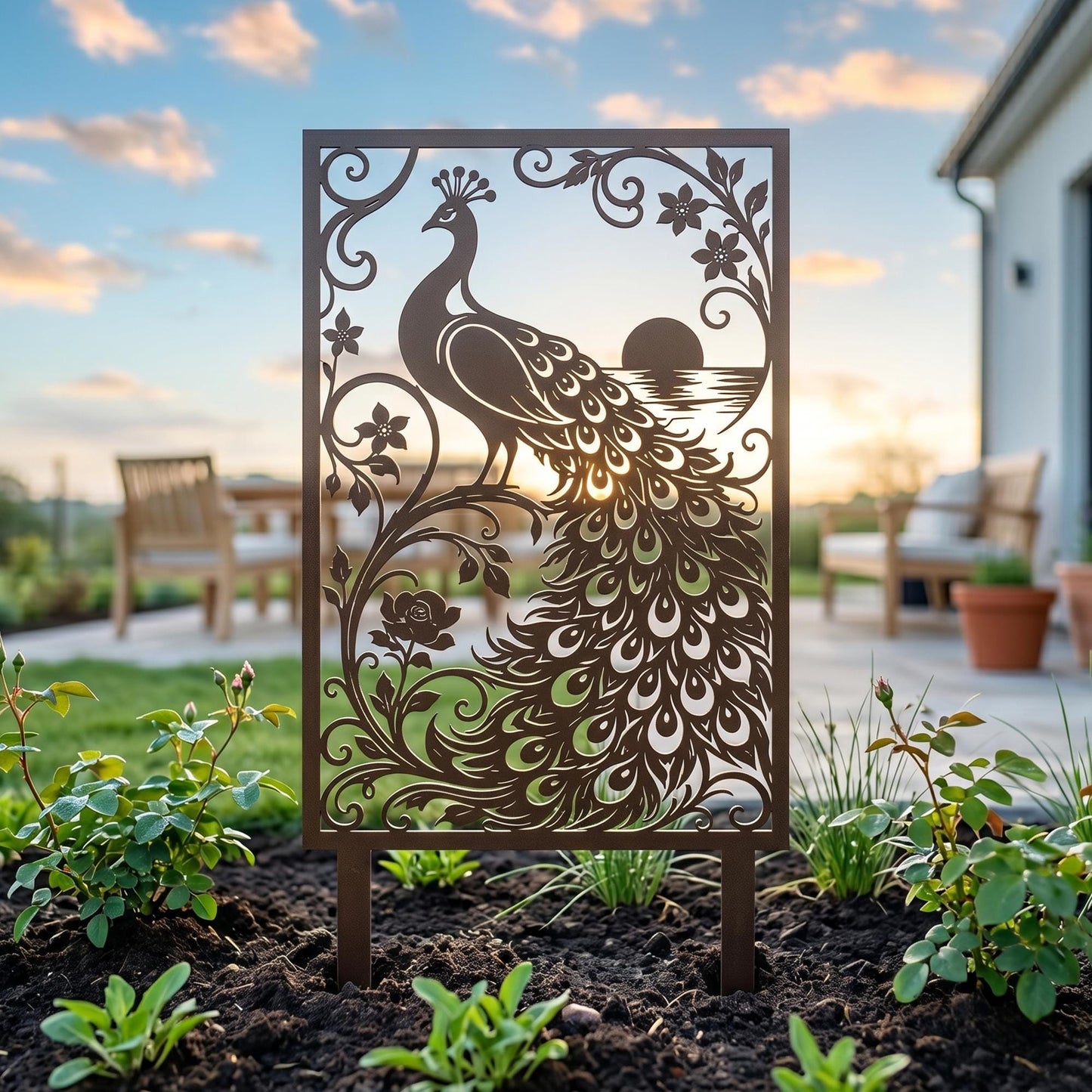 Metal Bird Garden Decoration, Peacock Yard Stake for Flower Bed, Outdoor Metal Art Panel, Decorative Garden Border Sign