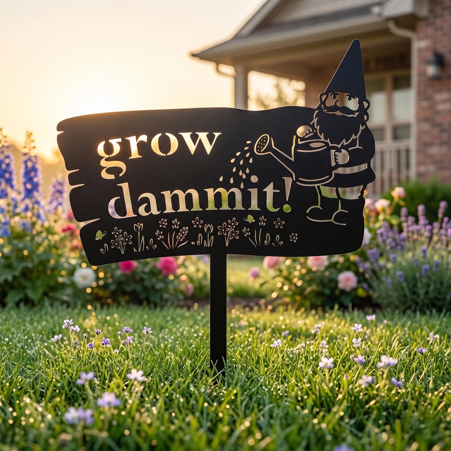 Funny Metal Garden Sign, Grow Dammit Yard Stake, Garden Gnome Outdoor Decor, Humorous Housewarming Gift